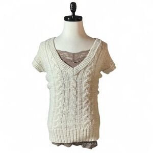 Y2K Abercrombie Fitch Cable Knit Short Sleeve V Neck‎ Sweater Tunic Cream Size S